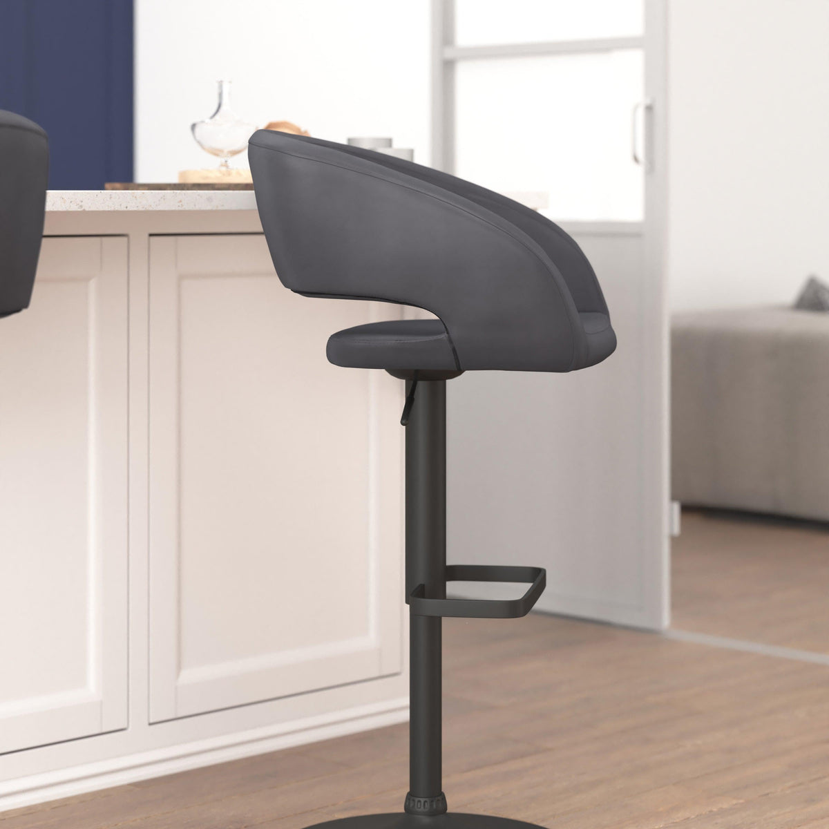 Gray Vinyl/Black Frame |#| Gray Vinyl Adjustable Height Barstool with Rounded Mid-Back and Black Base