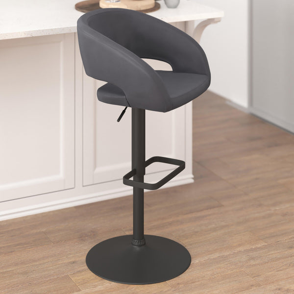 Gray Vinyl/Black Frame |#| Gray Vinyl Adjustable Height Barstool with Rounded Mid-Back and Black Base