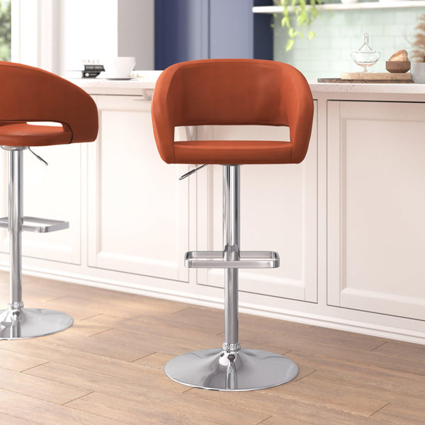 Cognac Vinyl/Chrome Frame |#| Cognac Vinyl Adjustable Height Barstool with Rounded Mid-Back and Chrome Base