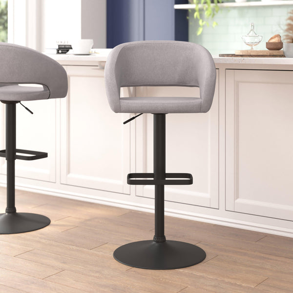 Gray Fabric/Black Frame |#| Gray Fabric Adjustable Height Barstool with Rounded Mid-Back and Black Base