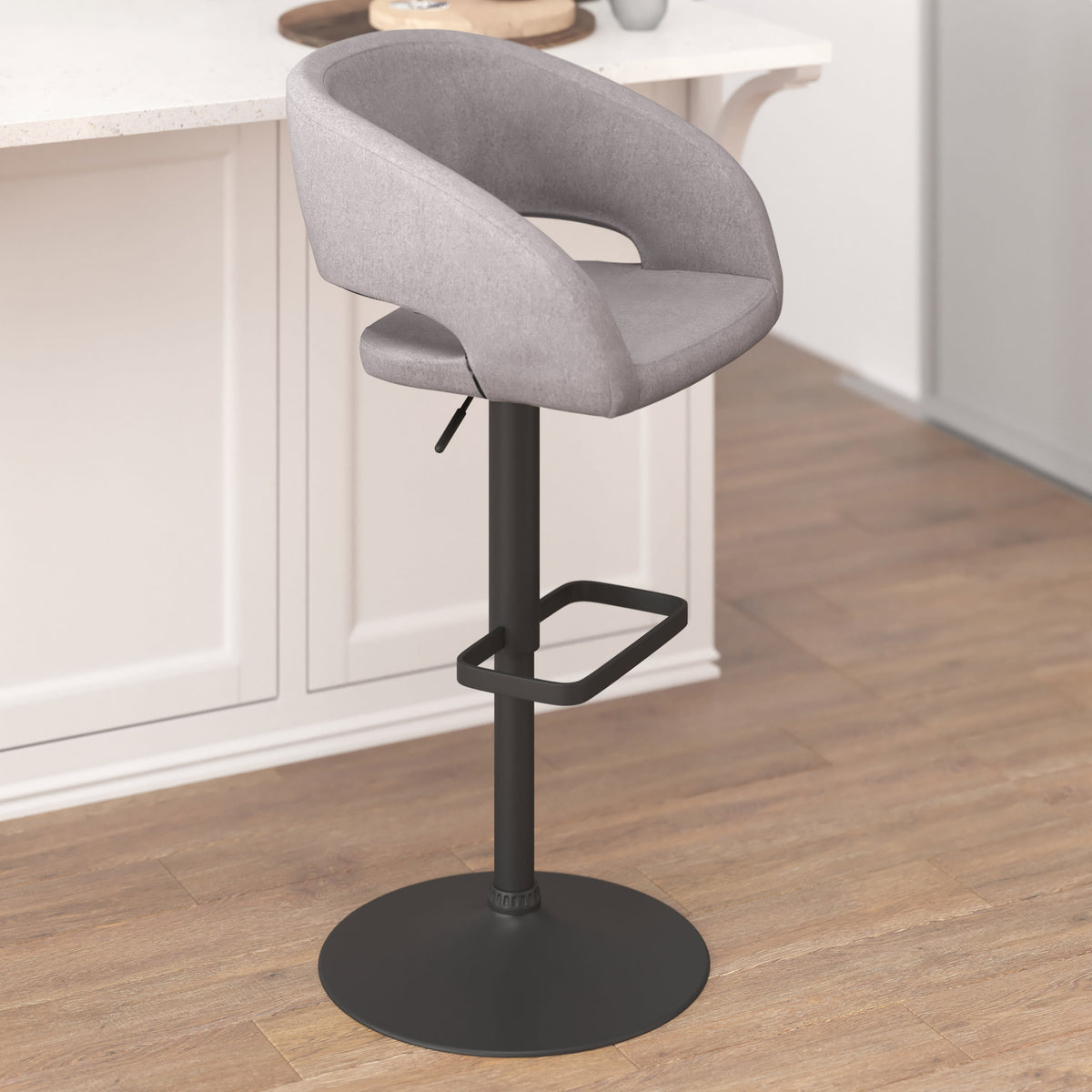 Gray Fabric/Black Frame |#| Gray Fabric Adjustable Height Barstool with Rounded Mid-Back and Black Base