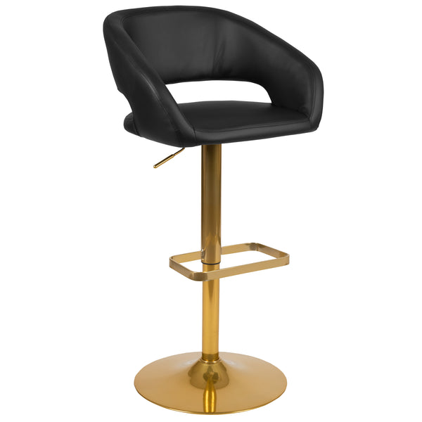 Black/Gold Frame |#| Black Vinyl Adjustable Height Barstool with Rounded Mid-Back and Gold Base