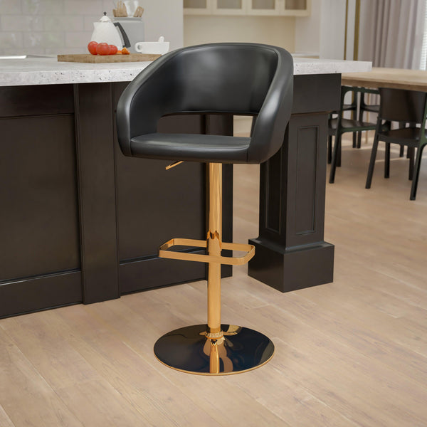 Black/Gold Frame |#| Black Vinyl Adjustable Height Barstool with Rounded Mid-Back and Gold Base