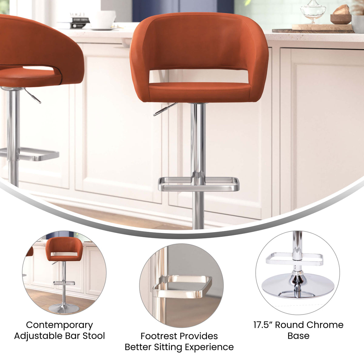 Cognac Vinyl/Chrome Frame |#| Cognac Vinyl Adjustable Height Barstool with Rounded Mid-Back and Chrome Base