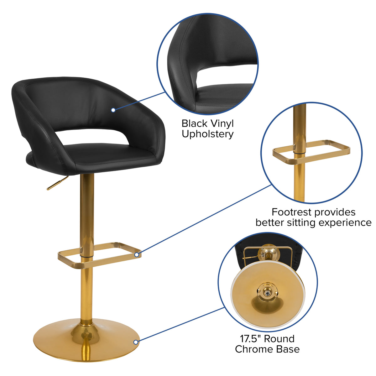 Black/Gold Frame |#| Black Vinyl Adjustable Height Barstool with Rounded Mid-Back and Gold Base