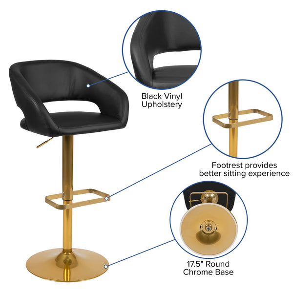 Black/Gold Frame |#| Black Vinyl Adjustable Height Barstool with Rounded Mid-Back and Gold Base