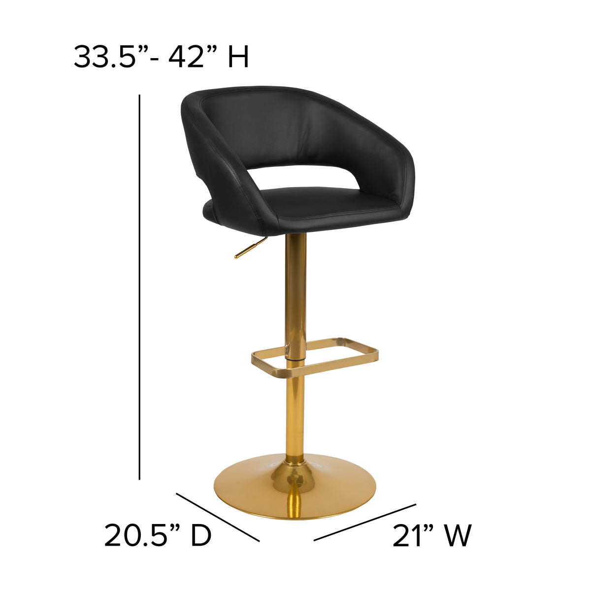 Black/Gold Frame |#| Black Vinyl Adjustable Height Barstool with Rounded Mid-Back and Gold Base