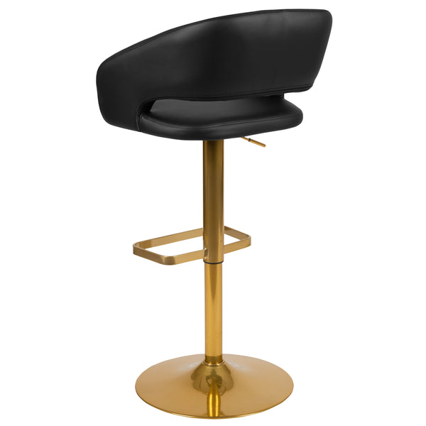 Black/Gold Frame |#| Black Vinyl Adjustable Height Barstool with Rounded Mid-Back and Gold Base