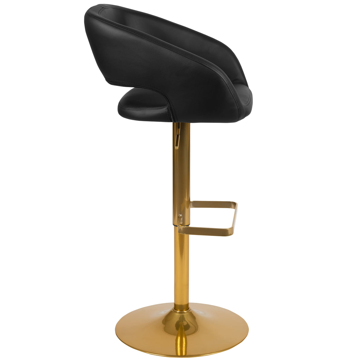 Black/Gold Frame |#| Black Vinyl Adjustable Height Barstool with Rounded Mid-Back and Gold Base