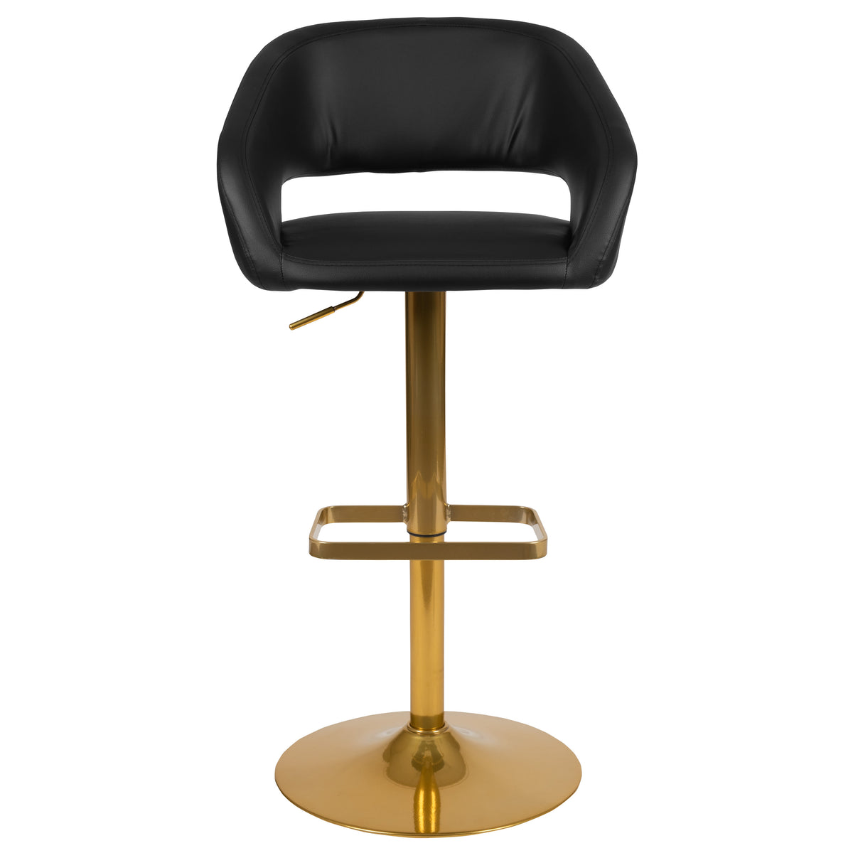 Black/Gold Frame |#| Black Vinyl Adjustable Height Barstool with Rounded Mid-Back and Gold Base