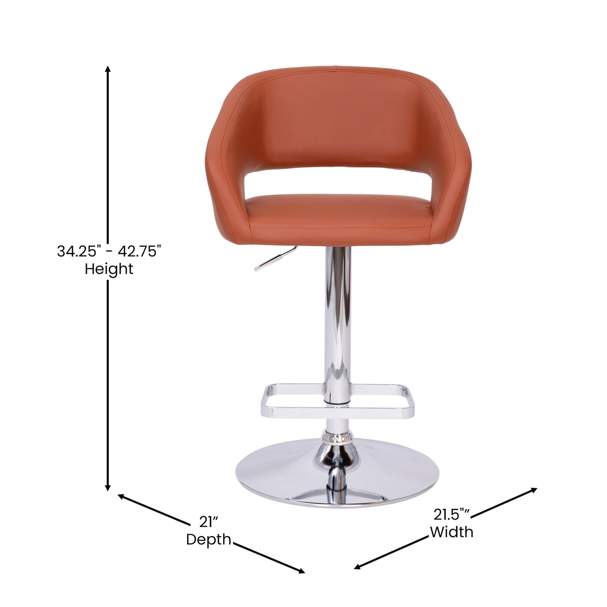 Cognac Vinyl/Chrome Frame |#| Cognac Vinyl Adjustable Height Barstool with Rounded Mid-Back and Chrome Base