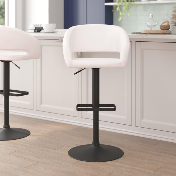 White Vinyl/Black Frame |#| White Vinyl Adjustable Height Barstool with Rounded Mid-Back and Black Base