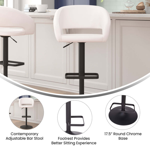 White Vinyl/Black Frame |#| White Vinyl Adjustable Height Barstool with Rounded Mid-Back and Black Base