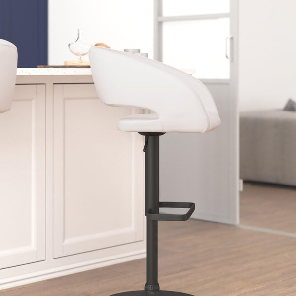 White Vinyl/Black Frame |#| White Vinyl Adjustable Height Barstool with Rounded Mid-Back and Black Base