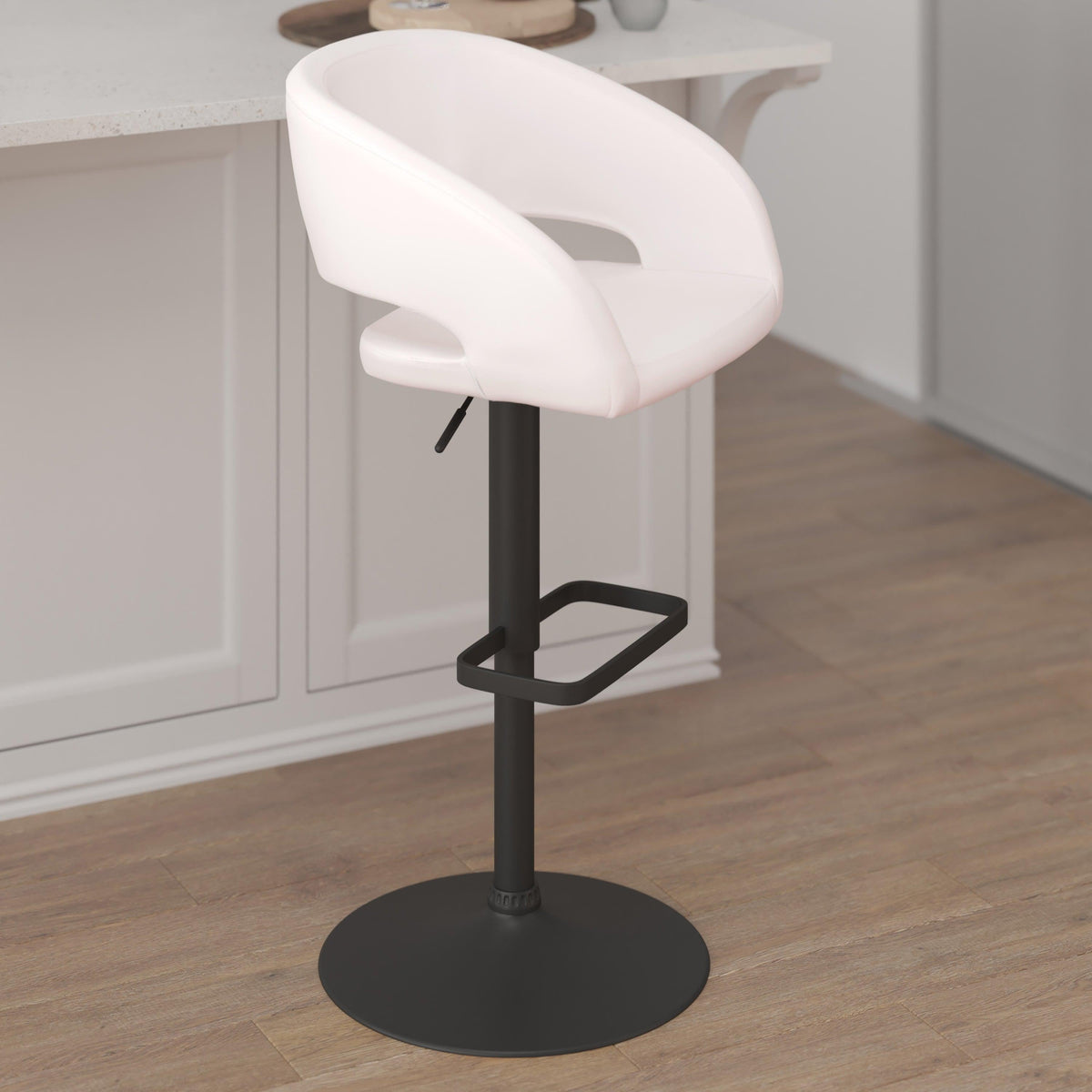 White Vinyl/Black Frame |#| White Vinyl Adjustable Height Barstool with Rounded Mid-Back and Black Base