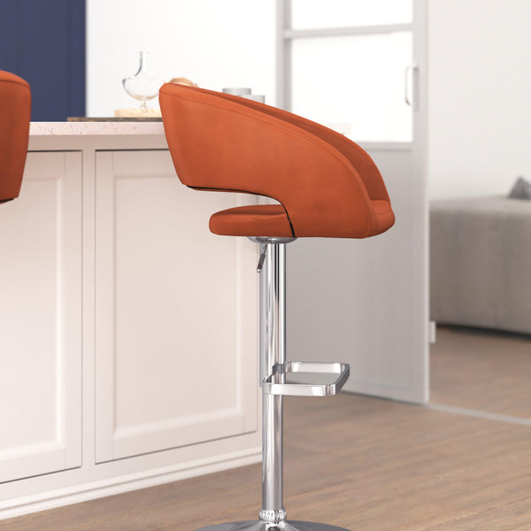 Cognac Vinyl/Chrome Frame |#| Cognac Vinyl Adjustable Height Barstool with Rounded Mid-Back and Chrome Base