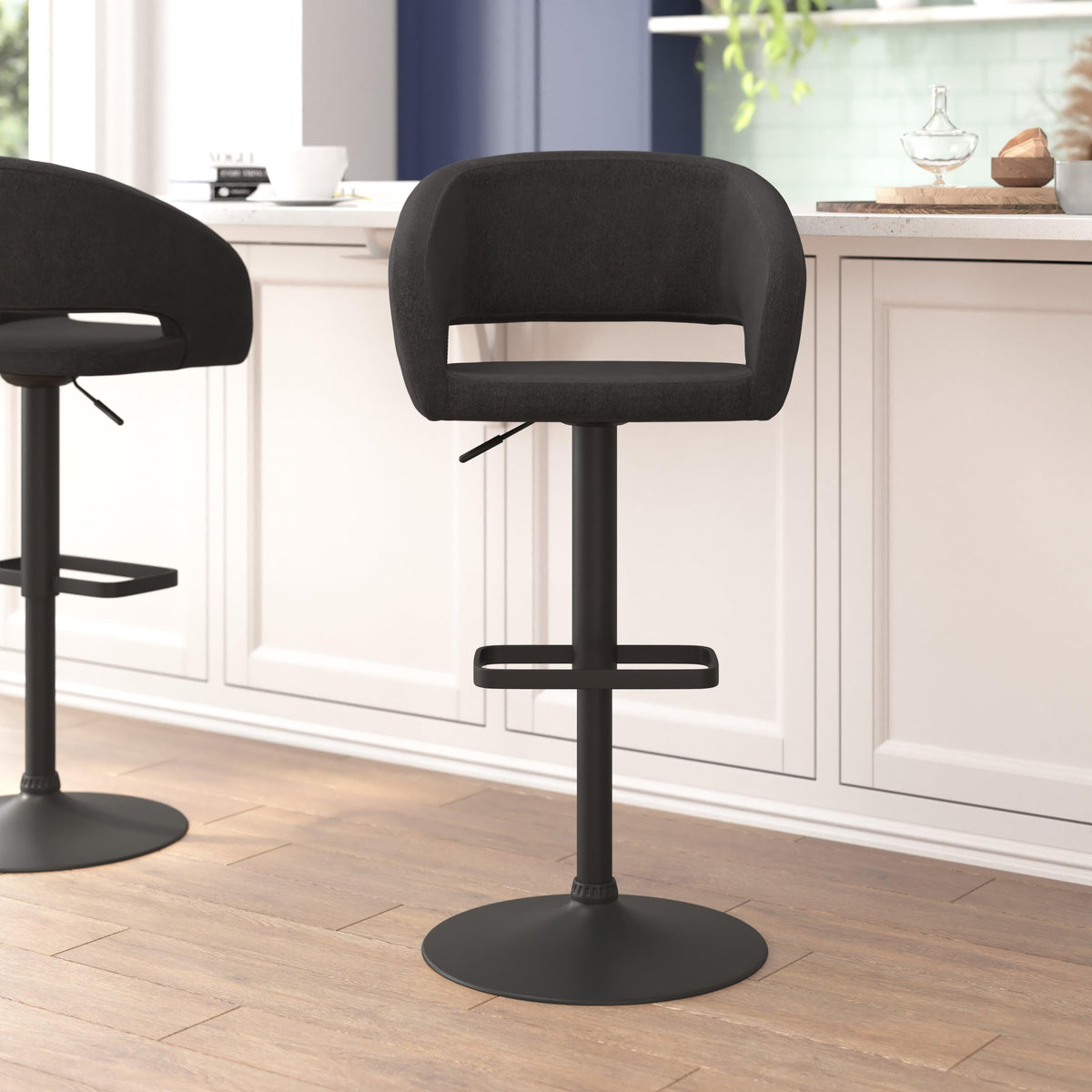 Charcoal Fabric/Black Frame |#| Charcoal Fabric Adjustable Height Barstool with Rounded Mid-Back and Black Base