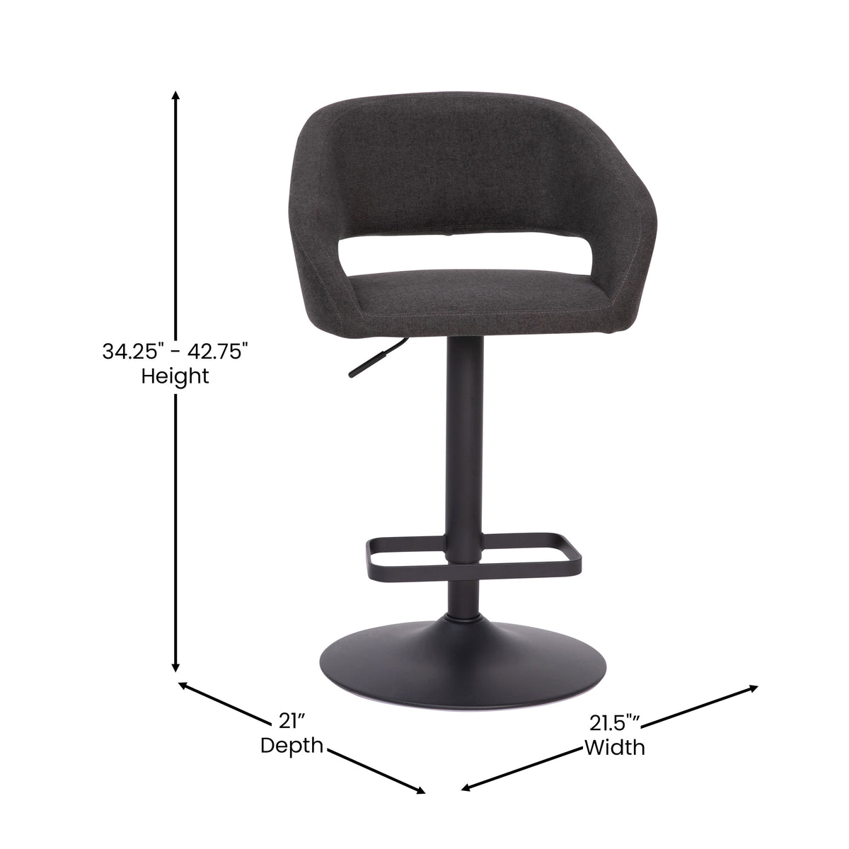 Charcoal Fabric/Black Frame |#| Charcoal Fabric Adjustable Height Barstool with Rounded Mid-Back and Black Base