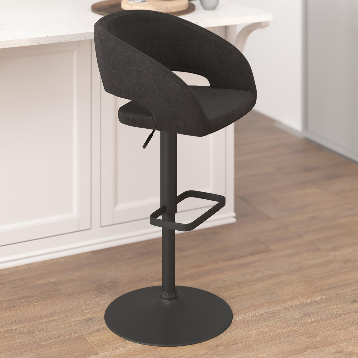 Charcoal Fabric/Black Frame |#| Charcoal Fabric Adjustable Height Barstool with Rounded Mid-Back and Black Base