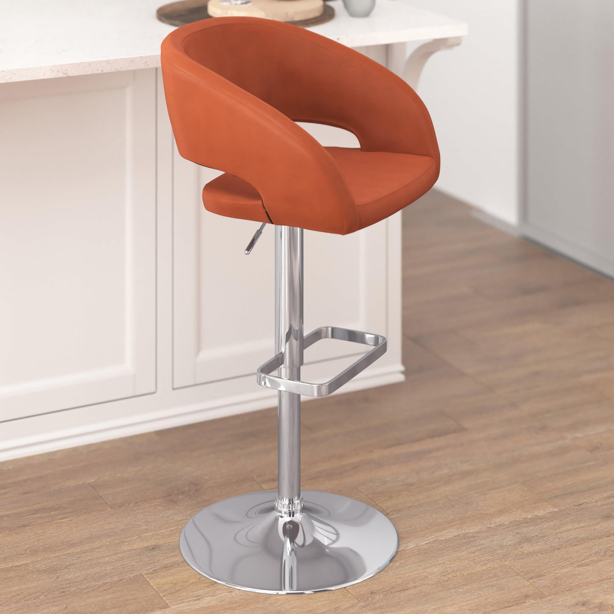 Cognac Vinyl/Chrome Frame |#| Cognac Vinyl Adjustable Height Barstool with Rounded Mid-Back and Chrome Base