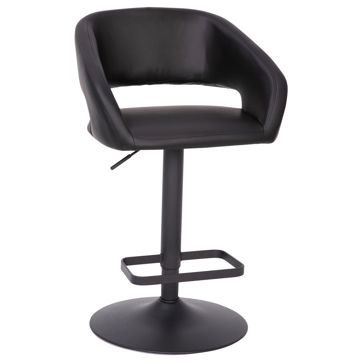 Black Vinyl/Black Frame |#| Black Vinyl Adjustable Height Barstool with Rounded Mid-Back and Black Base