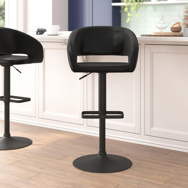 Black Vinyl/Black Frame |#| Black Vinyl Adjustable Height Barstool with Rounded Mid-Back and Black Base