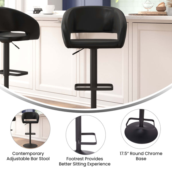 Black Vinyl/Black Frame |#| Black Vinyl Adjustable Height Barstool with Rounded Mid-Back and Black Base