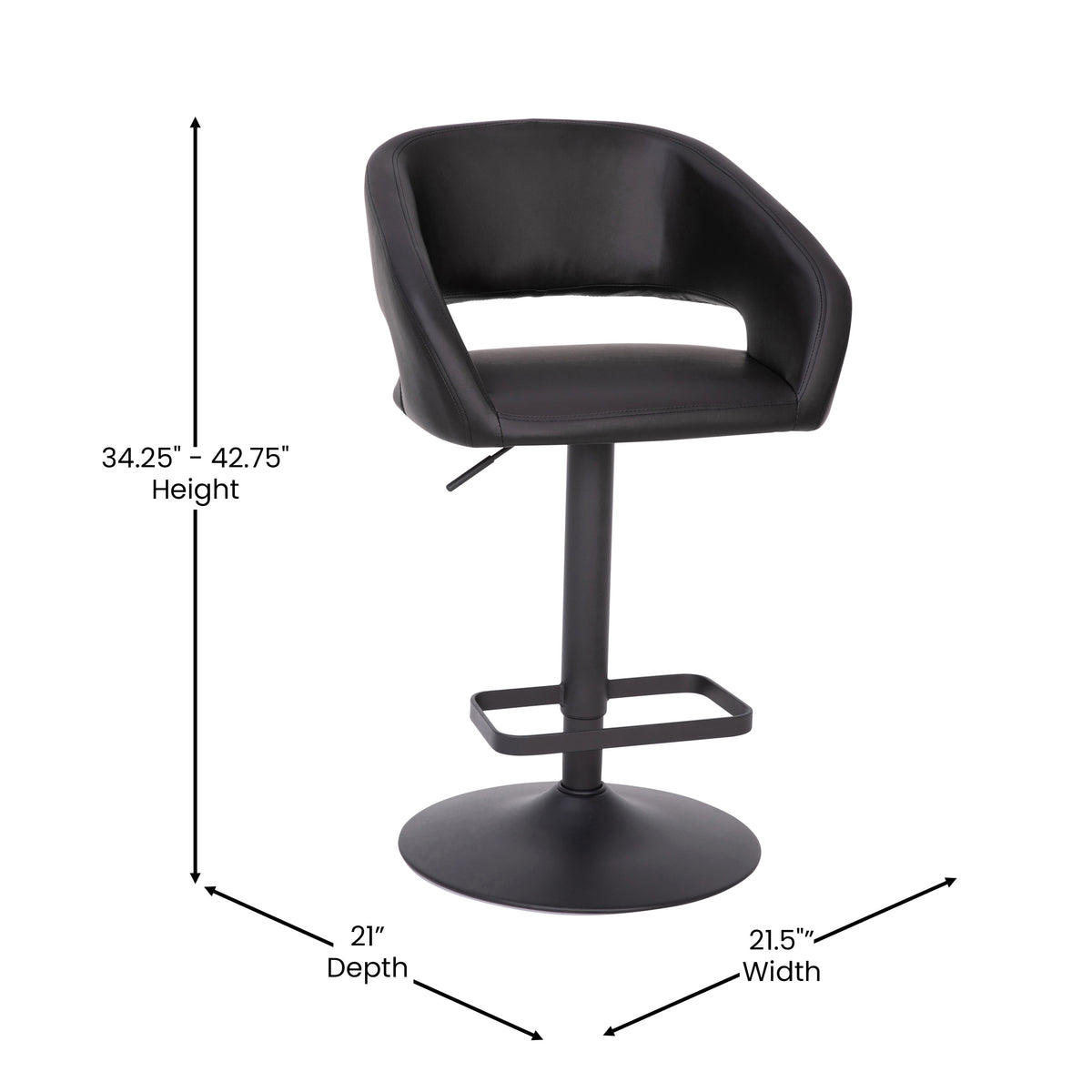 Black Vinyl/Black Frame |#| Black Vinyl Adjustable Height Barstool with Rounded Mid-Back and Black Base