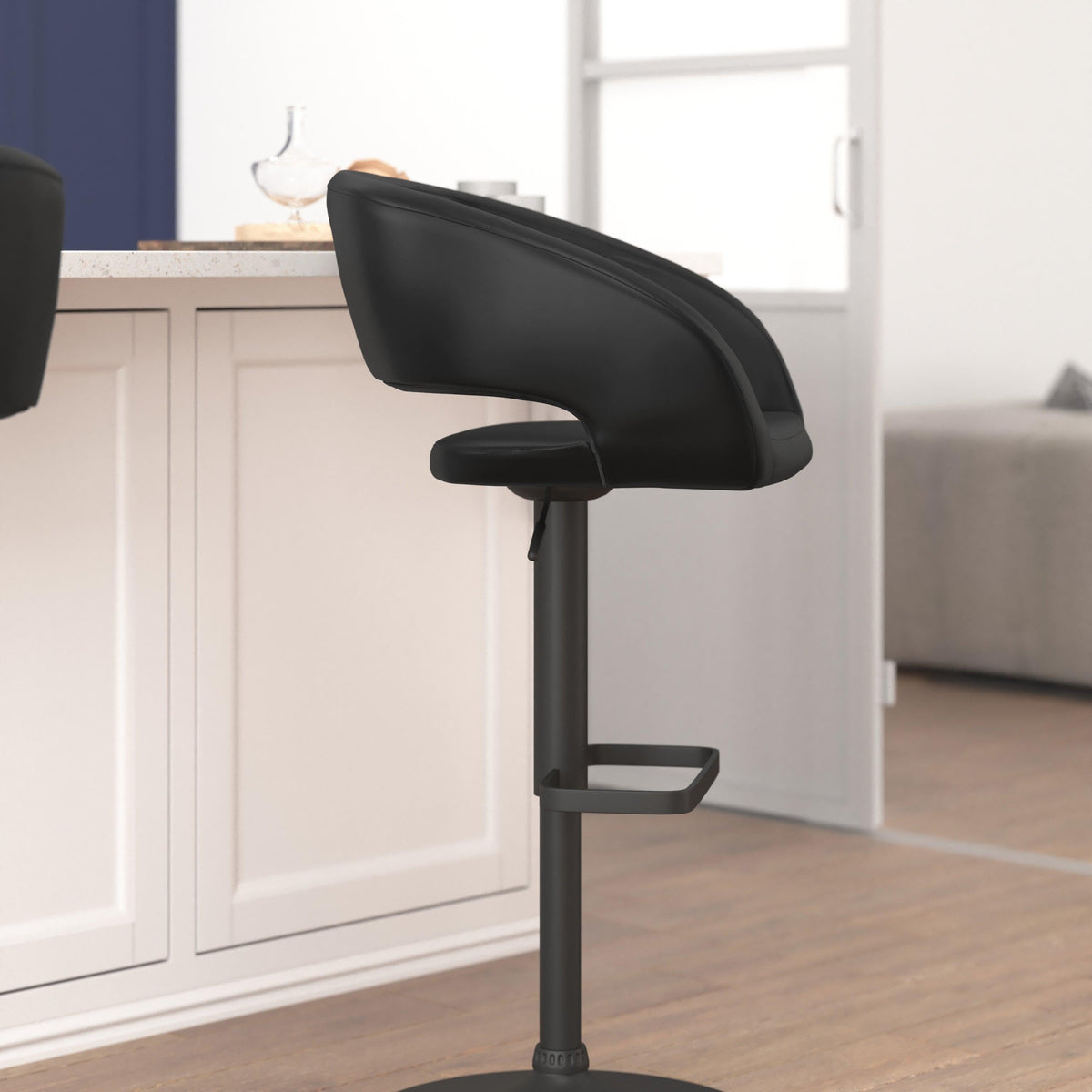 Black Vinyl/Black Frame |#| Black Vinyl Adjustable Height Barstool with Rounded Mid-Back and Black Base