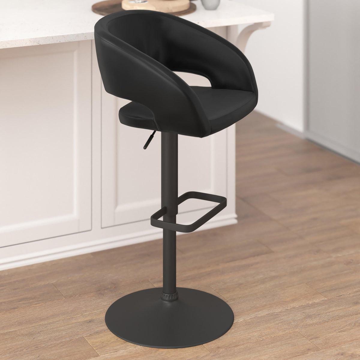 Black Vinyl/Black Frame |#| Black Vinyl Adjustable Height Barstool with Rounded Mid-Back and Black Base