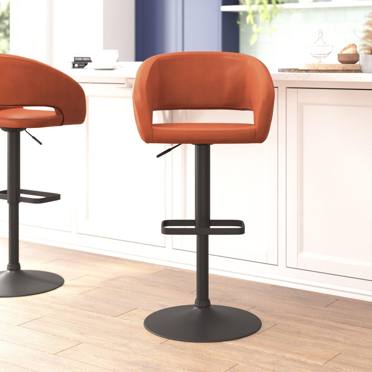 Cognac Vinyl/Black Frame |#| Cognac Vinyl Adjustable Height Barstool with Rounded Mid-Back and Black Base