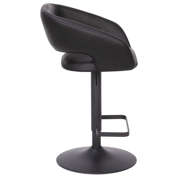 Black Vinyl/Black Frame |#| Black Vinyl Adjustable Height Barstool with Rounded Mid-Back and Black Base