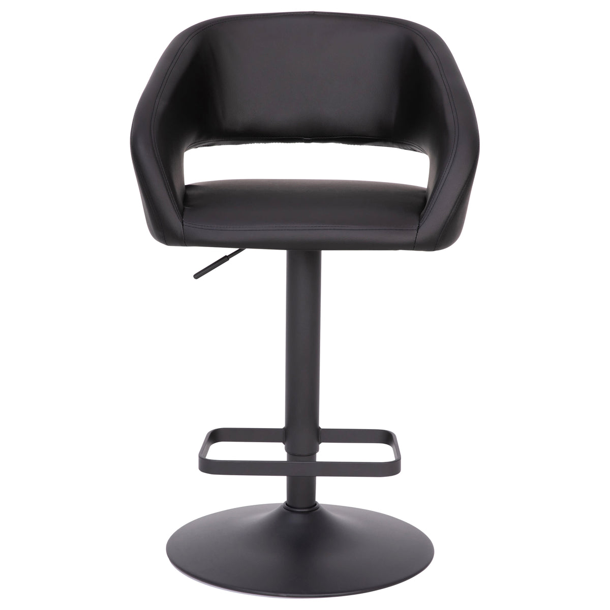 Black Vinyl/Black Frame |#| Black Vinyl Adjustable Height Barstool with Rounded Mid-Back and Black Base