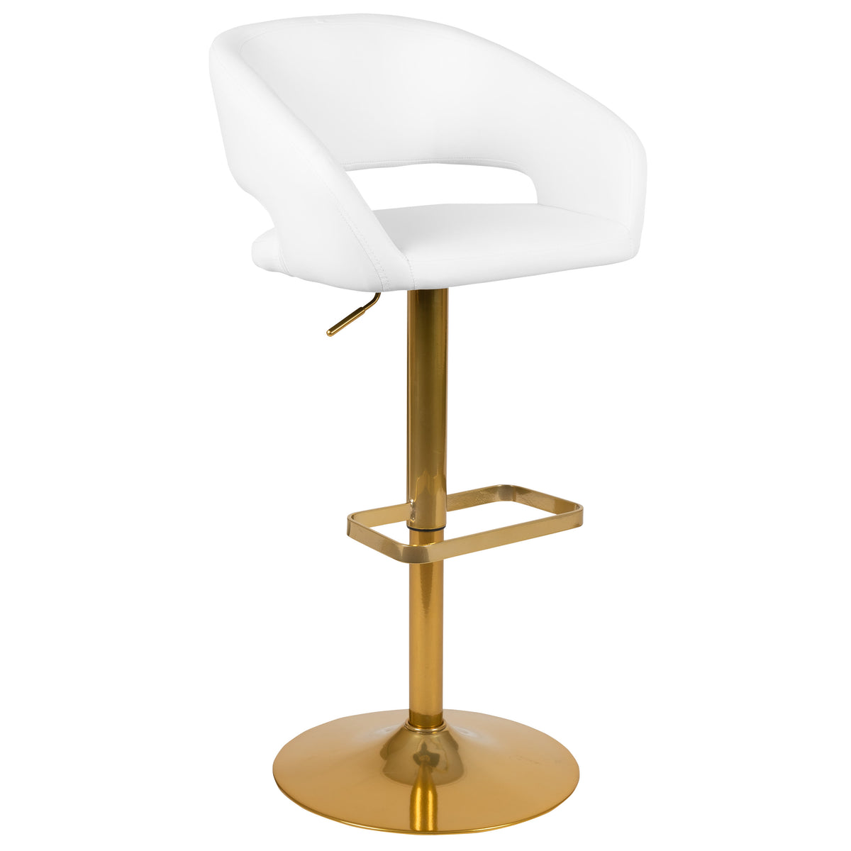 White/Gold Frame |#| White Vinyl Adjustable Height Barstool with Rounded Mid-Back and Gold Base