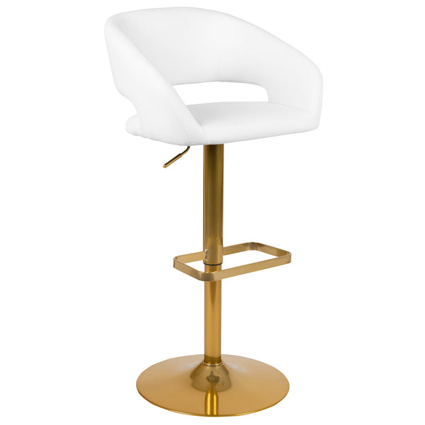 White/Gold Frame |#| White Vinyl Adjustable Height Barstool with Rounded Mid-Back and Gold Base