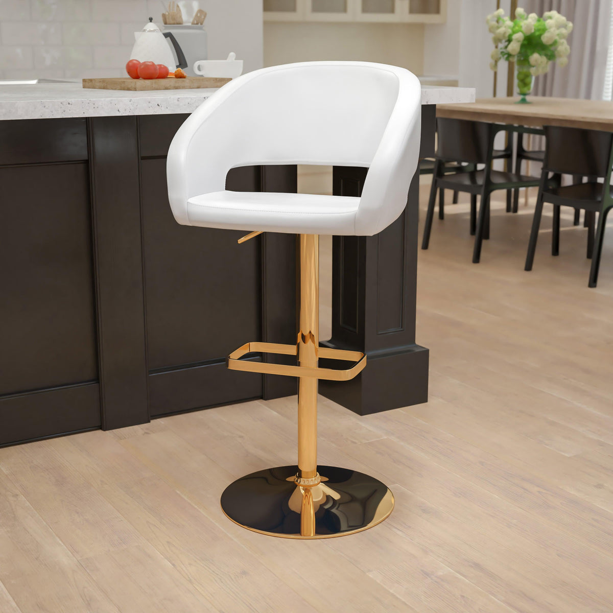 White/Gold Frame |#| White Vinyl Adjustable Height Barstool with Rounded Mid-Back and Gold Base