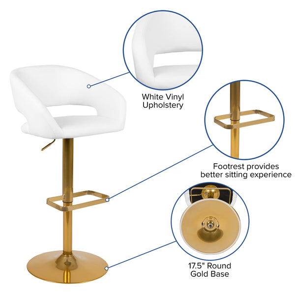 White/Gold Frame |#| White Vinyl Adjustable Height Barstool with Rounded Mid-Back and Gold Base