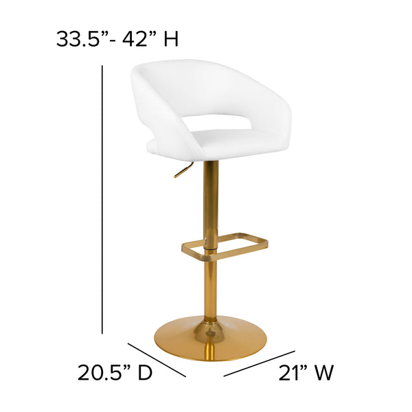 White/Gold Frame |#| White Vinyl Adjustable Height Barstool with Rounded Mid-Back and Gold Base