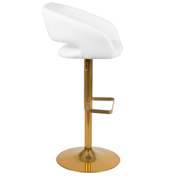 White/Gold Frame |#| White Vinyl Adjustable Height Barstool with Rounded Mid-Back and Gold Base