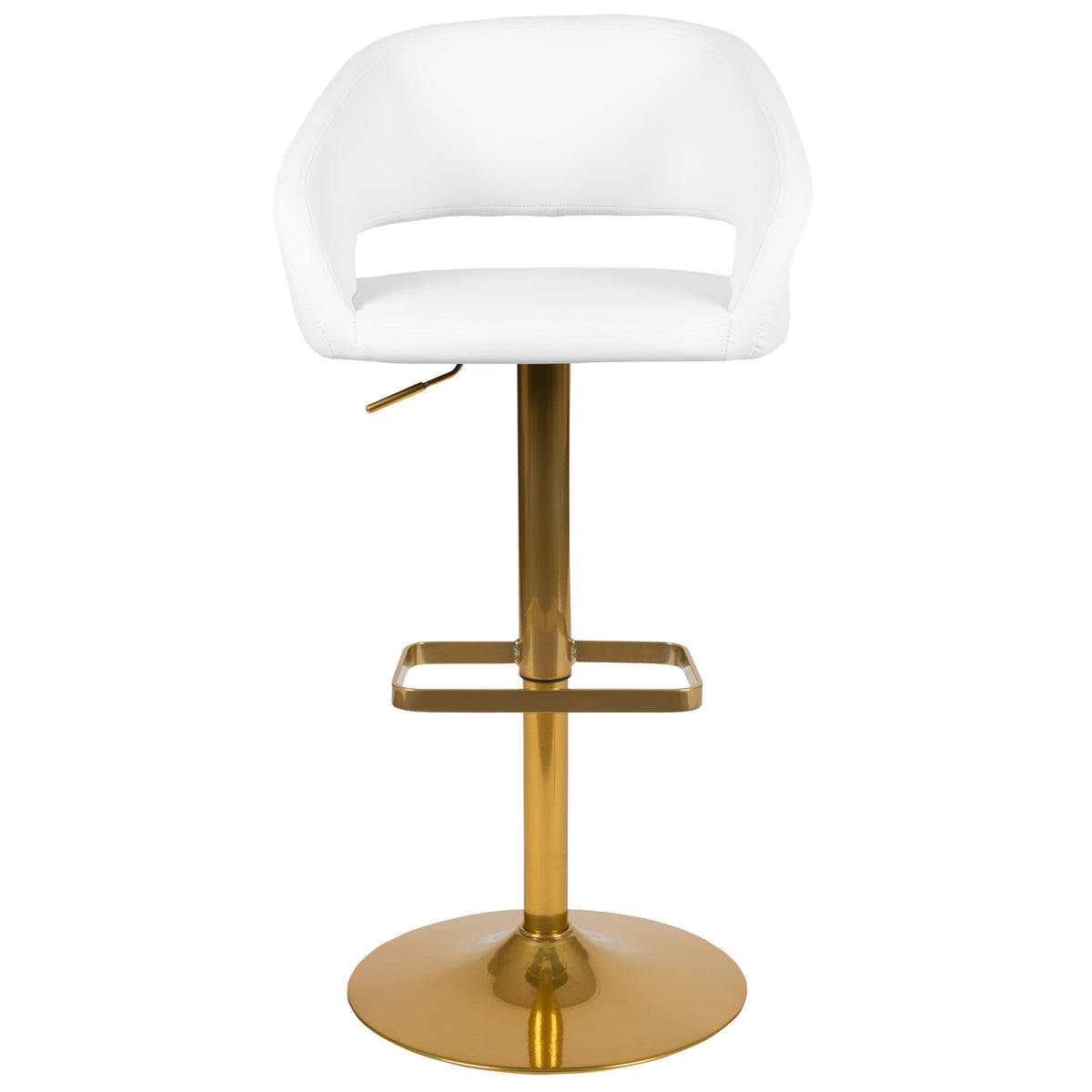 White/Gold Frame |#| White Vinyl Adjustable Height Barstool with Rounded Mid-Back and Gold Base