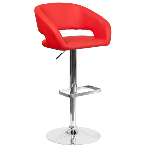 Red Vinyl/Chrome Frame |#| Red Vinyl Adjustable Height Barstool with Rounded Mid-Back and Chrome Base