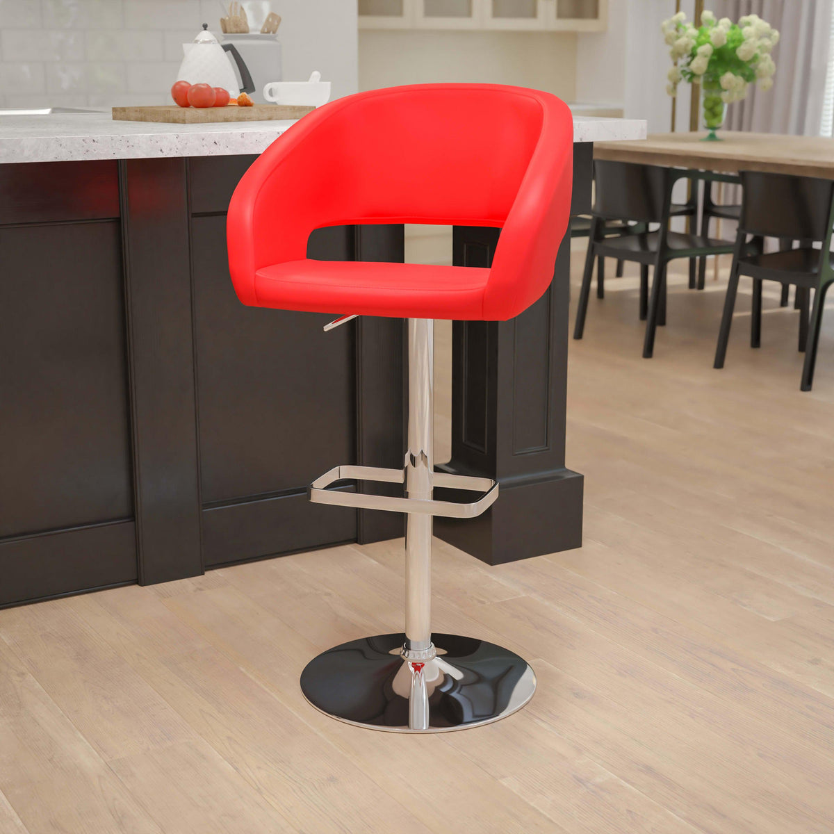 Red Vinyl/Chrome Frame |#| Red Vinyl Adjustable Height Barstool with Rounded Mid-Back and Chrome Base