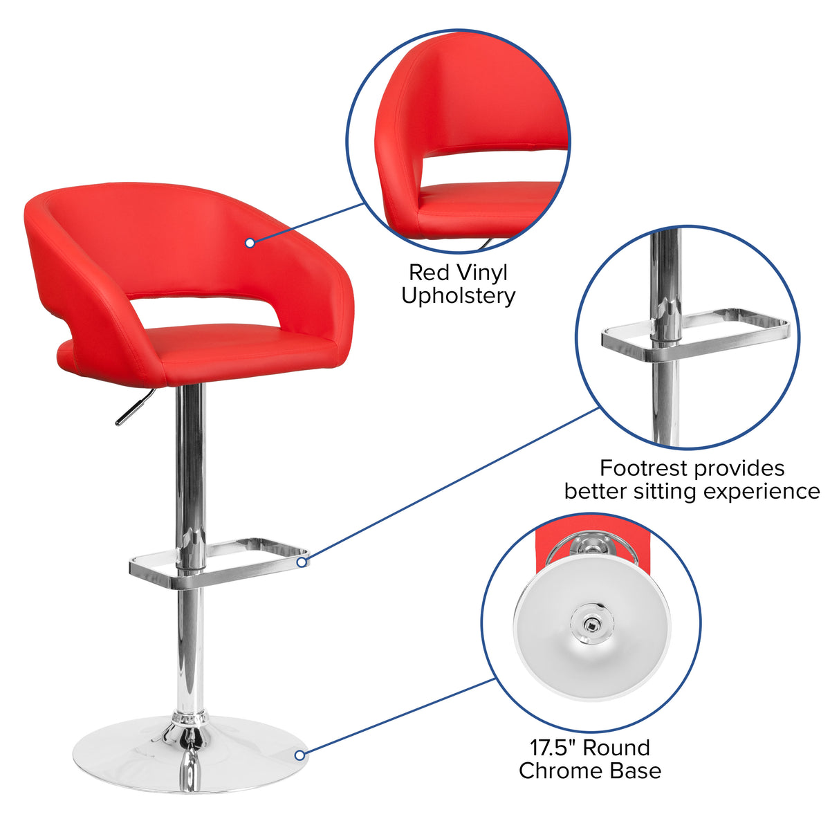 Red Vinyl/Chrome Frame |#| Red Vinyl Adjustable Height Barstool with Rounded Mid-Back and Chrome Base