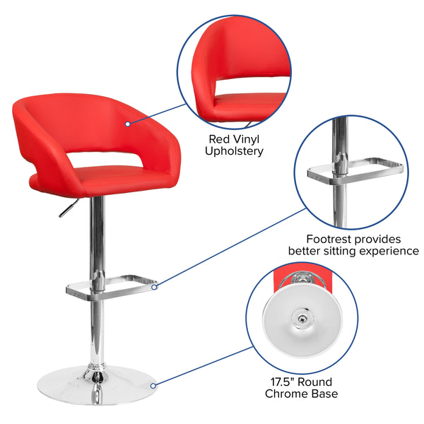 Red Vinyl/Chrome Frame |#| Red Vinyl Adjustable Height Barstool with Rounded Mid-Back and Chrome Base