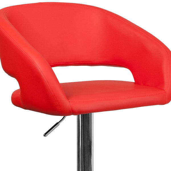 Red Vinyl/Chrome Frame |#| Red Vinyl Adjustable Height Barstool with Rounded Mid-Back and Chrome Base