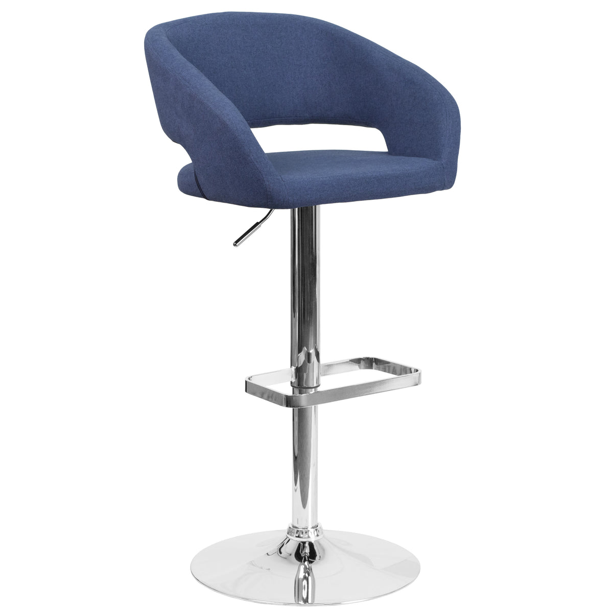 Blue Fabric/Chrome Frame |#| Blue Fabric Adjustable Height Barstool with Rounded Mid-Back and Chrome Base