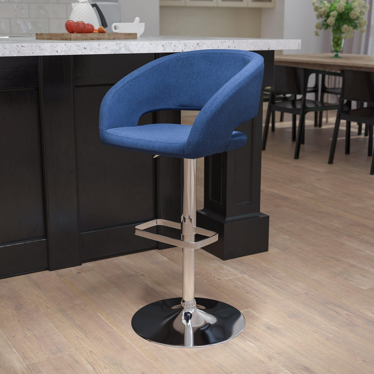 Blue Fabric/Chrome Frame |#| Blue Fabric Adjustable Height Barstool with Rounded Mid-Back and Chrome Base