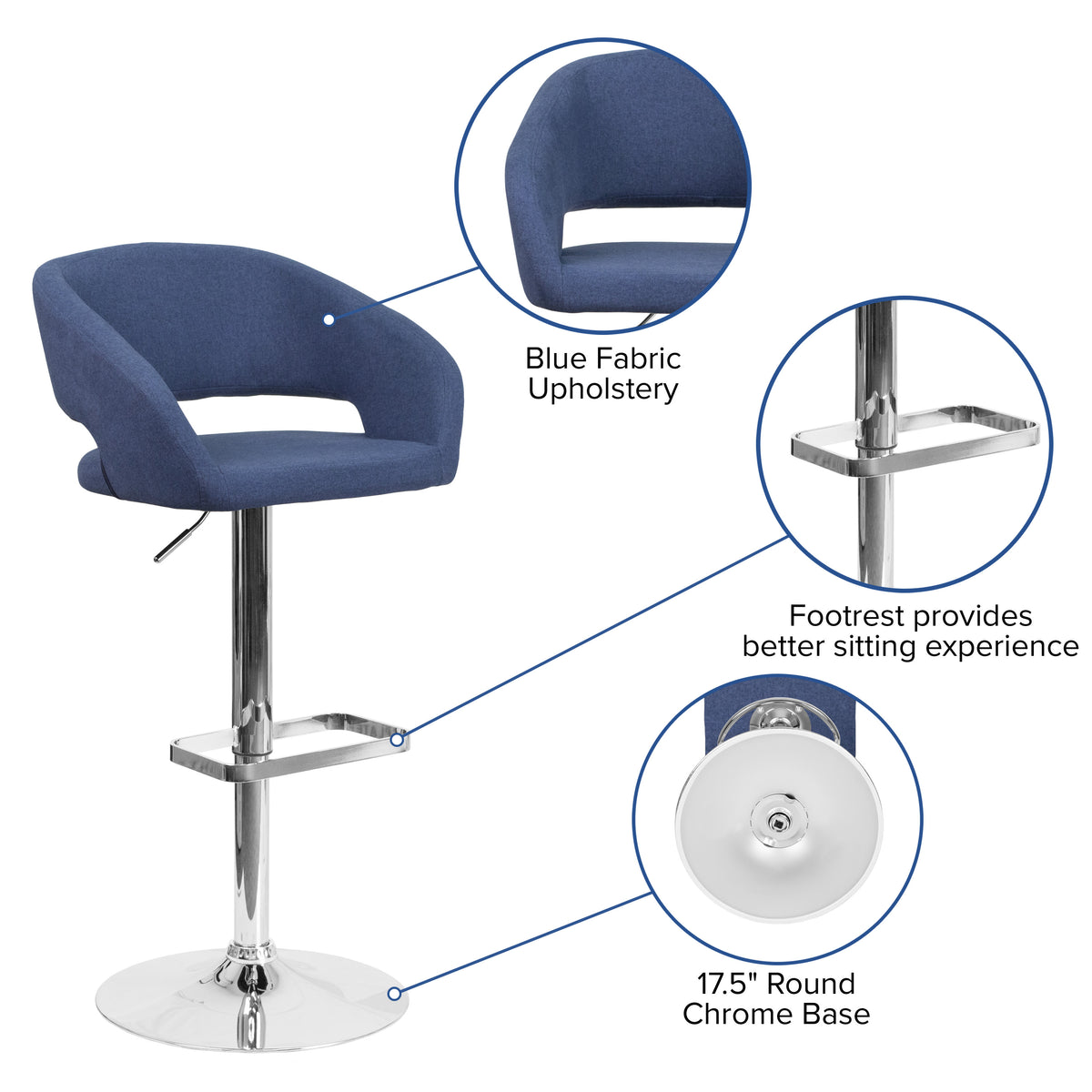 Blue Fabric/Chrome Frame |#| Blue Fabric Adjustable Height Barstool with Rounded Mid-Back and Chrome Base