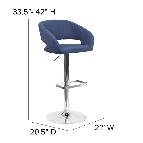 Blue Fabric/Chrome Frame |#| Blue Fabric Adjustable Height Barstool with Rounded Mid-Back and Chrome Base