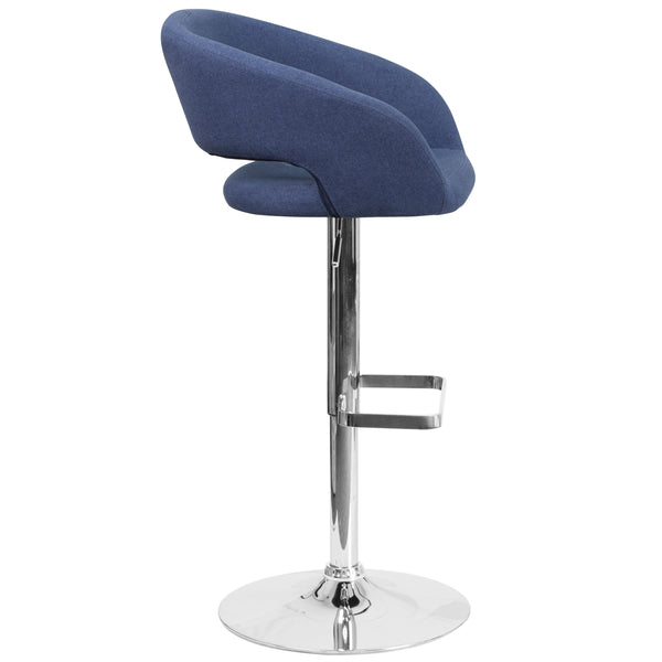 Blue Fabric/Chrome Frame |#| Blue Fabric Adjustable Height Barstool with Rounded Mid-Back and Chrome Base